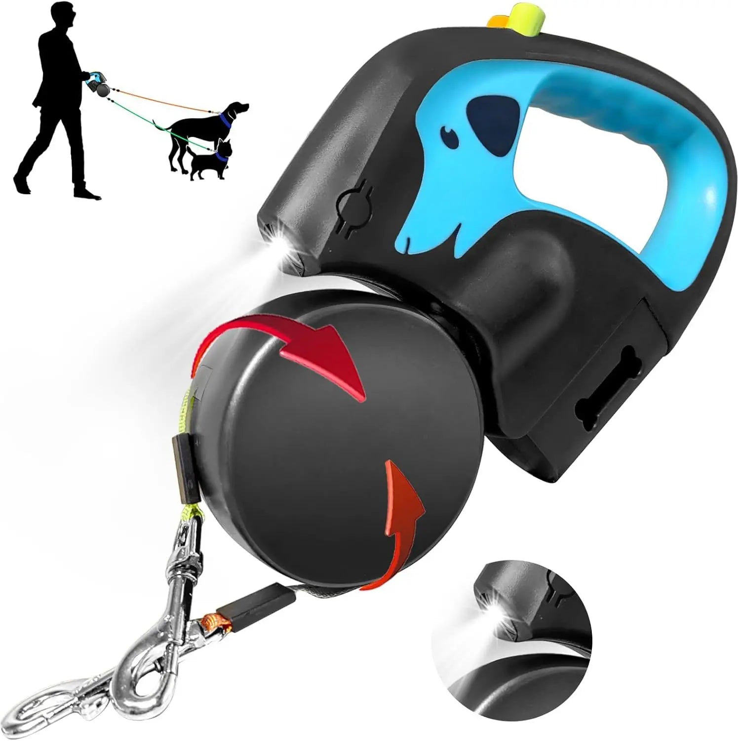 USB Charging Pet Towing Rope with Flashlight, Automatic Retractable Pet Double Rope, One Tow Two Pet Towing Ropes